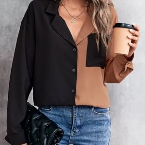 Two Tone Lapel Collar Patched Pocket Shirt